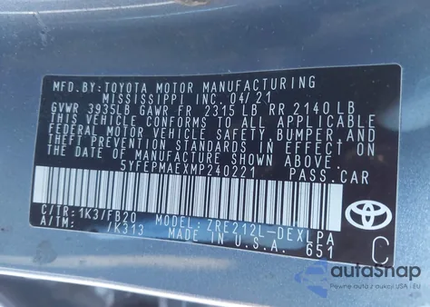 2021 Toyota Corolla Le from USA, damaged, VIN 5YFEPMAEXMP240221